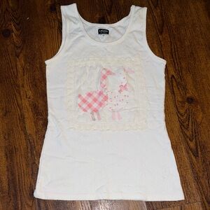 🪿Upcycled Women's White Tank Top with Pink Geese Patchwork Design